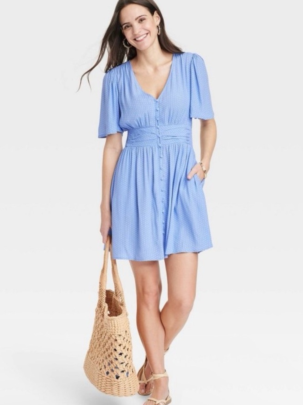 a new day Blue and white polka dot crepe flutter babydoll Dress XL
